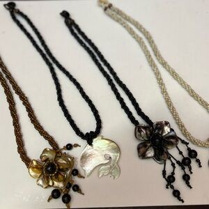 Boho Beaded Necklace Lot w/ Shell & Floral Pendants (4 Pieces)